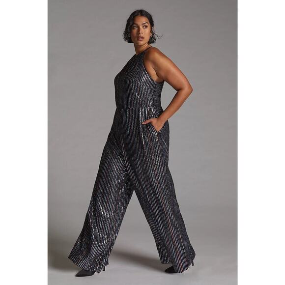 Anthropologie Maeve Disco Halter Jumpsuit Sequined Halter Neck Size 14 Glam - Picture 6 of 13
